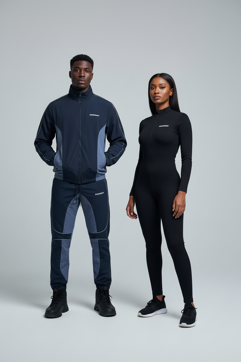 Black models wearing complete CORE APEX tracksuit and ESSENTIAL RIBBED JUMPSUIT