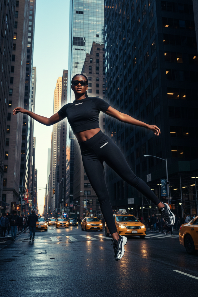 Model floating in urban setting