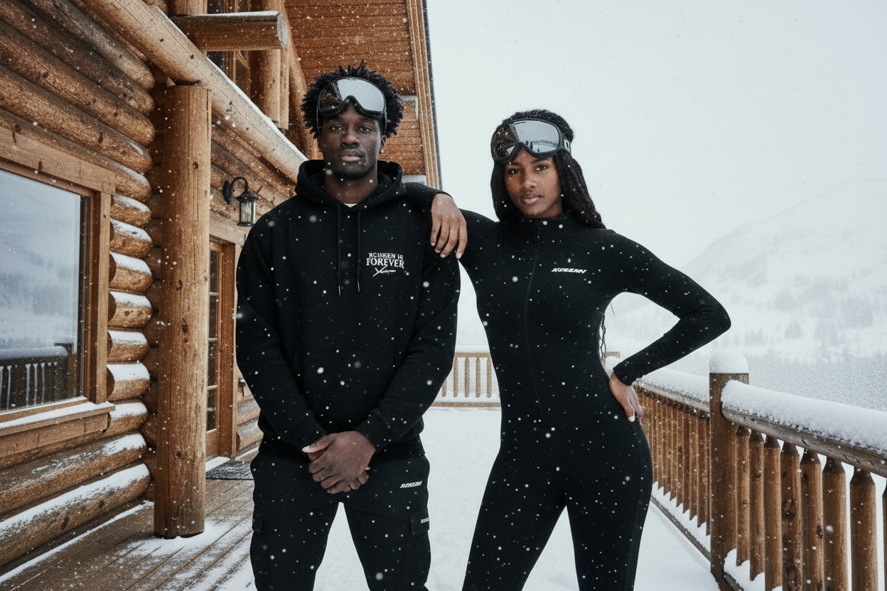 Models interacting on log cabin veranda in Kussen winter wear