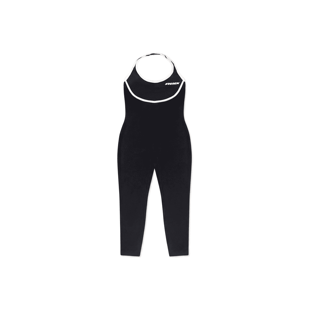Shaped black jumpsuit front flat lay